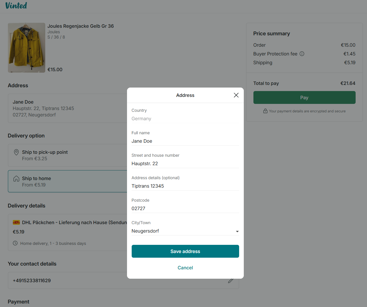 Vinted DE address form with Tiptrans suite in Address details